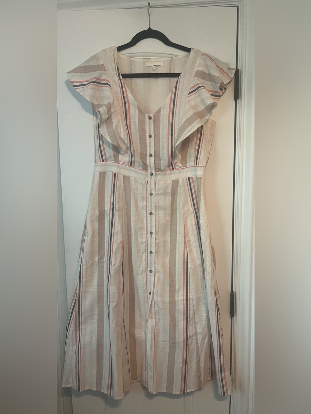 june & hudson Cream Striped Midi Dress with Coral and Navy Accents